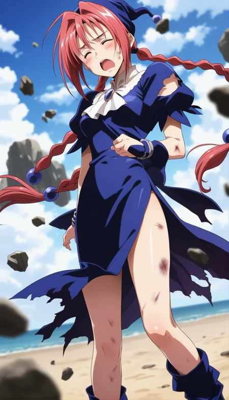 score_9,score_8_up,score_7_up,
<lora:dorothy>,doroshii,1girl,solo,
pale skin,red eyes,long pink hair,bangs,two braided pigtails,black scrunchie,black cap with ball on end,
dress with slit on left side up to hip,large bow on lower back,short puffed sleeves,tight around torso,shows breast shape,white collar,mail coach tie,black boots below knees,dark purple jewel on tie,
outdoors,beach,soft clouds drifting,summer,
vignetting,blurry background,
torn clothes,facing aside,closed eyes,frown,open mouth,teeth,blush,pained look,
full body,left foot out of frame,being attacked,(lower half of breasts exposed:1.1),tattered fabric particles debris disintegration effect,injury,from below,