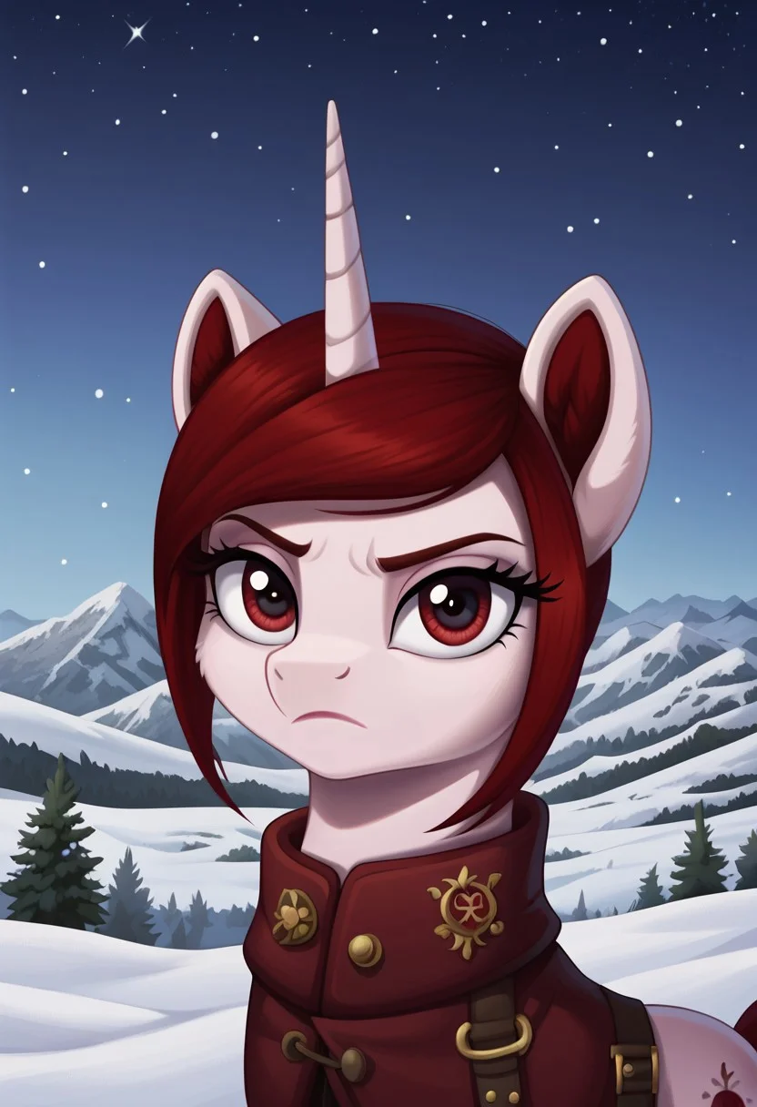 score_9, score_8_up, score_7_up, score_6_up, score_5_up, score_4_up, my little pony, solo, pony, feral pony, Rosa Maledicta, (Queen of Blood), mountains, winter, snow, night, stars, serious, look at you, beautiful, detailed, detailed fur, beautiful, vector, flat colors, (beautiful long eyelashes), ((close-up)), high angle