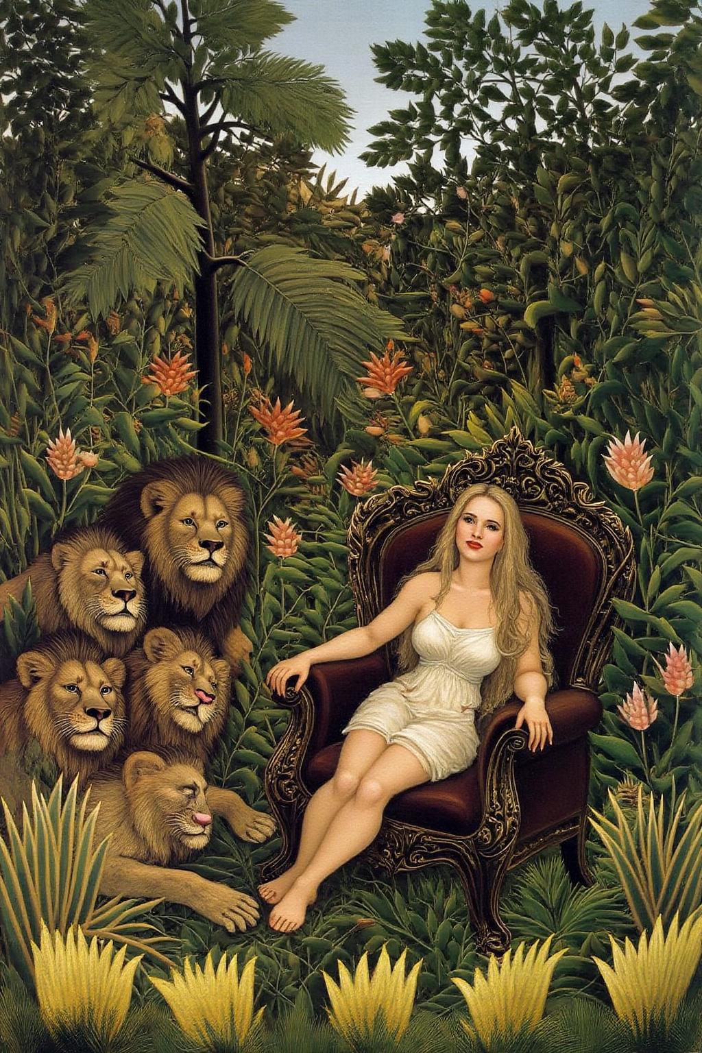 henrou1 painting
The scene depicts a lush, vibrant jungle setting with a variety of exotic flora and fauna. In the foreground, a woman, with long, flowing hair is reclining on a large, dark, ornate chair. She is wearing a white sundress. On the left the head of two lionesses are visible. <lora:henrou1_jungle_cap_d6a3e14:1.0><lora:817703177202906692:0>