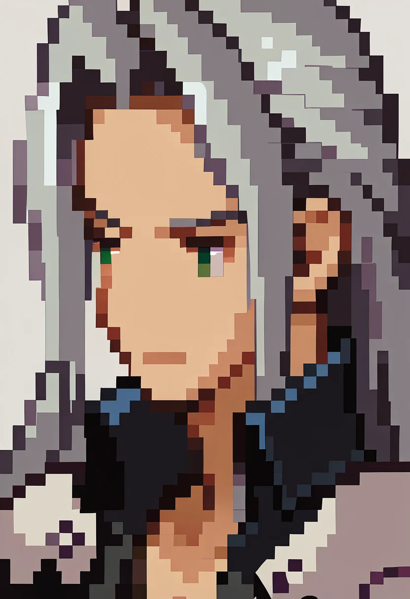 score_9, score_8_up, score_7_up, source_anime, BREAK, solo, 1boy, smirk, <lora:FF-Tactics-Portraits-pdxl_Fp:1>, simple background, portrait, pixel art, <lora:FFVII_Sephiroth_V1.0:1>, sephiroth, official outfit grey hair, long hair, very long hair, parted bangs, armor, open clothes, shoulder armor, long sleeves, pectorals, black jacket, jacket, black gloves, high collar, long bangs, black coat, green eyes, slit pupils