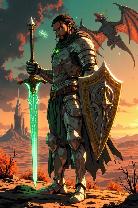ne0nfant4sy, A space-faring knight, clad in sleek, silver armor etched with glowing runes, grips an energy blade with one hand and a mystic shield with the other. His dark skin shimmers with sweat under the harsh glare of twin suns, and his sharp, piercing blue eyes reflect both the cosmos and the magic he wields. His braided, jet-black hair is pulled back tight beneath his helm, which glows faintly with embedded circuitry. The blade in his hand hums with both futuristic plasma energy and ancient enchantment, casting an eerie green light on the barren, alien landscape around him. Strange, luminescent flora sprouts from the cracked ground, while a distant, colossal spaceship floats on the horizon, silhouetted against a nebula-filled sky. The runes on his armor pulse with each breath, synchronizing with his heartbeat, as tiny holographic glyphs swirl around his feet. His expression is resolute, ready for battle, as the line between magic and technology blurs in the air around him. Above him, metallic dragons, part machine, part myth, soar through the alien sky, their roars echoing like thunder.<lora:RetroAnimeFluxV1:0.5><lora:NeonFantasyFLUX:0.3>