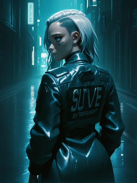 masterpiece, best quality, amazing quality, very aesthetic, absurdres, newest,
<lora:ILCyberRogueOld:1.0>
CyberRogueOld, 1girl, white hair, asymmetrical hair, blue eyes, looking at viewer, cyberpunk, chic trench coat, standing under a city streetlight at night, light rain, cinematic noir, moody reflections, detailed textures, from behind, looking at viewer