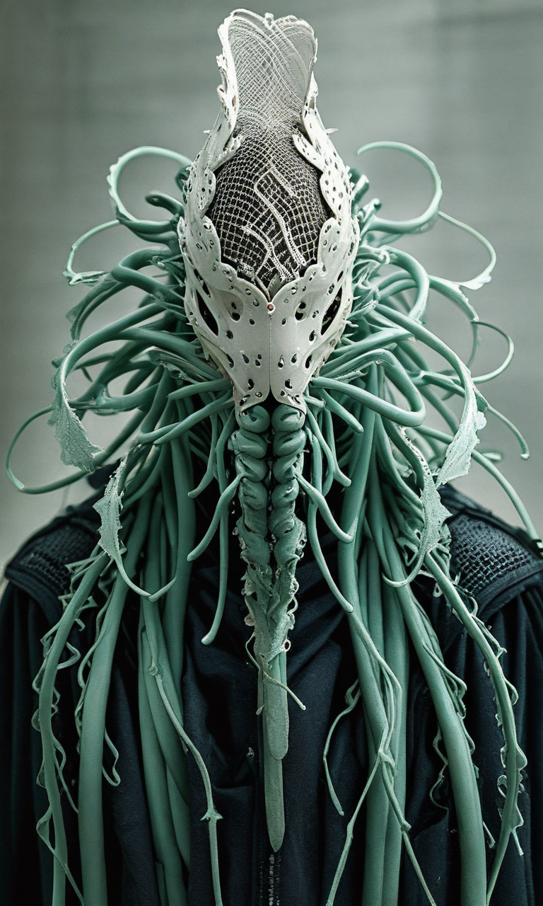 intricate mask that covers the face. mesh-like texture adorned with multiple tendrils , <lora:- iLL - the_edgy_mech_V2.0-step000013500:.8>