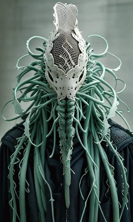 intricate mask that covers the face. mesh-like texture adorned with multiple tendrils , <lora:- iLL - the_edgy_mech_V2.0-step000013500:.8>