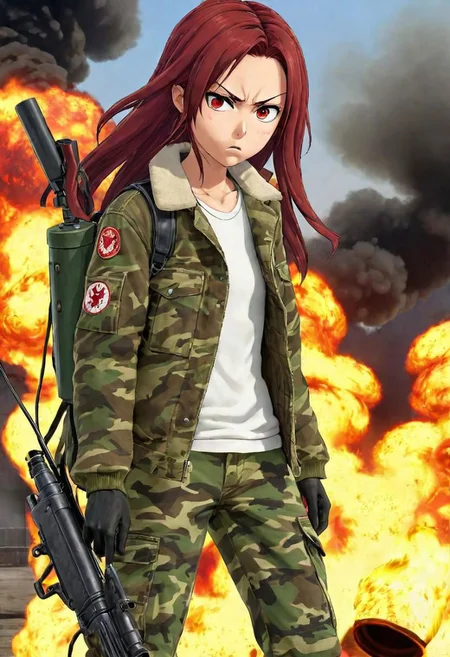 <lora:Ami_Arakawa:.7>,soldier,cargo pants,camo jacket,(angry determination),flamethrower gun,flamethrower:1.2,