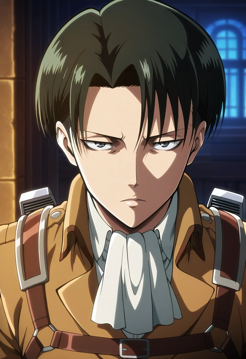 masterpiece, best quality, intricate details, anime screencap, anime coloring, official style, looking at viewer, , 1boy, solo, male focus, <lora:levi_ackerman_ilxl:0.9>, levi_ackerman, black hair, black eyes, short hair, curtained hair, paradis military uniform, ascot, three-dimensional maneuver gear, ,