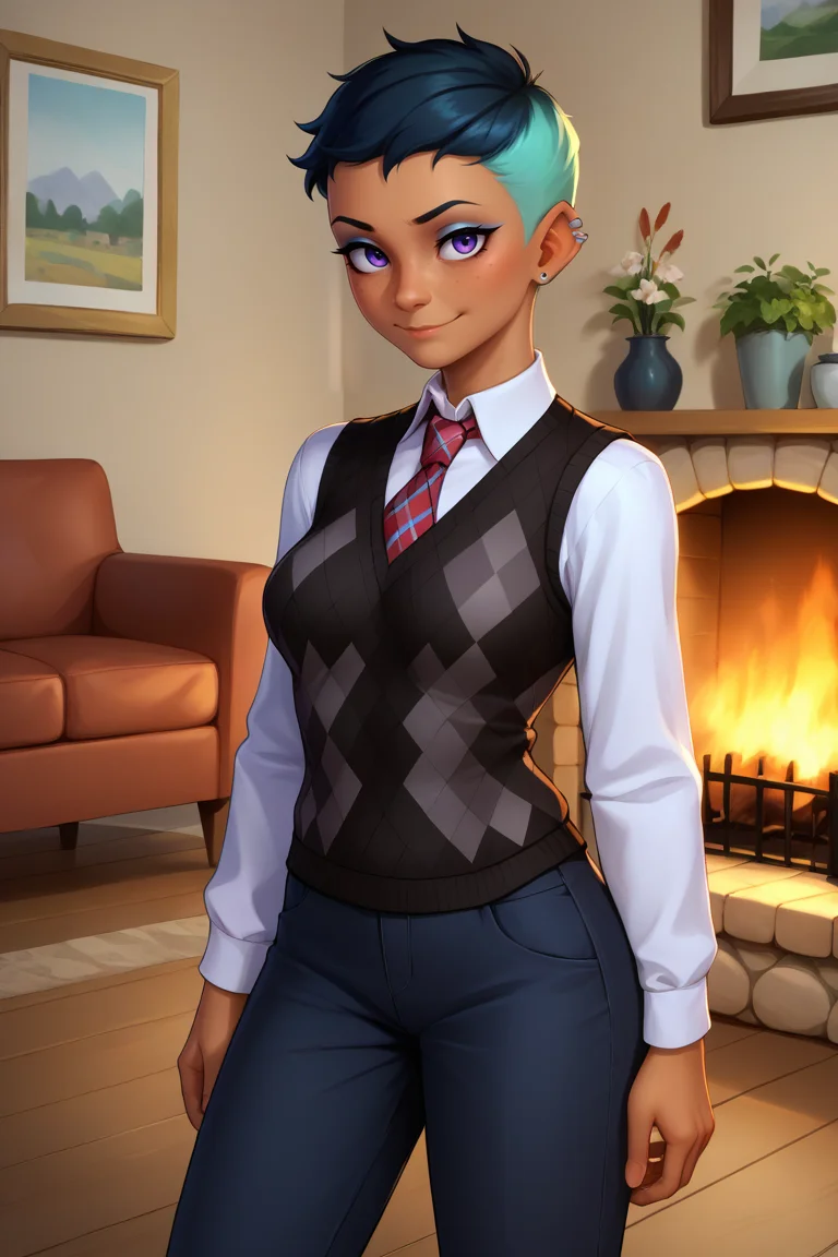 score_9, score_8_up, score_7_up, BREAK, 1girl, solo, breasts, <lora:rileyfairfeather-guy-PONYv1:.9>, rileyfairfeather, dark skin, undercut, multicolored hair, freckles, makeup, piercing, long sleeves, pants, formal, indoors, fireplace, argyle sweater, collared shirt, necktie, contrapposto, argyle, black sweater, sweater vest, light smile,