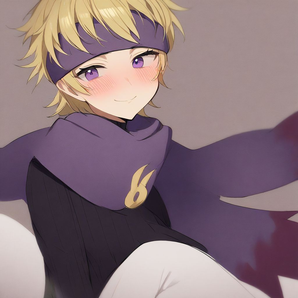 1boy, blonde hair, purple eyes, purple headband, purple scarf, black sweater, ribbed sweater, white pants, solo, best quality, high quality, very aesthetic, abusrdres, smile, blush