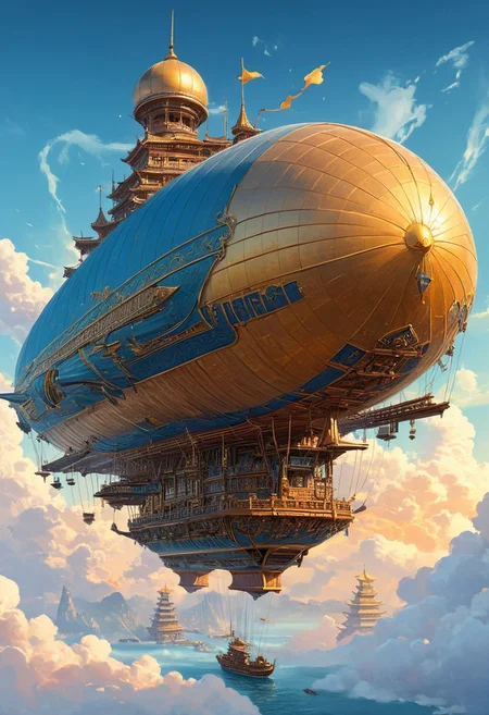 Artwork, cyberpunk, anime,This is a huge and fantastical flying ship designed in the traditional Chinese architectural style. The airship is adorned with intricate cascading roofs, curved eaves and ornate details, resembling a grand palace. The elongated structure of the airship resembles a gigantic ship with multiple decks and floors, seamlessly blending traditional wooden elements with intricate carvings and decorative features. The airship floats majestically in a sea of haze and shimmering clouds, with sunlight pouring through the mist, creating an ethereal atmosphere. Surrounding the airship are towering rock formations that evoke a sense of transcendent grandeur. The overall color palette consists of golden hues from the sunlight and soft blues from the sky and clouds, enhancing the mystical and dreamlike feel of the scene. The intricate details and massive scale of the airship suggest a blend of fantasy and cultural tradition.
