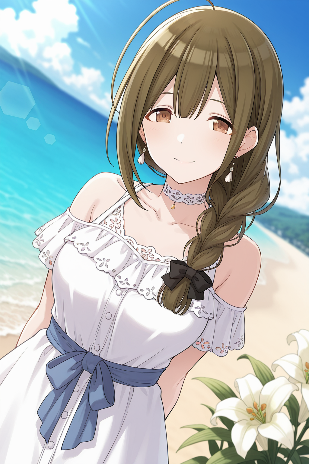 <lora:Kuwayama_Chiyuki:1>, Kuwayama Chiyuki, brown hair, brown eyes, ahoge, long hair, braid, single braid, hair over shoulder, 1girl, solo, dress, outdoors, white dress, looking at viewer, dutch angle, choker, flower, ocean, smile, sky, jewelry, beach, earrings, day, water, cloud, bare shoulders, blue sky, collarbone, lens flare, standing, blurry background, depth of field, lily \(flower\)