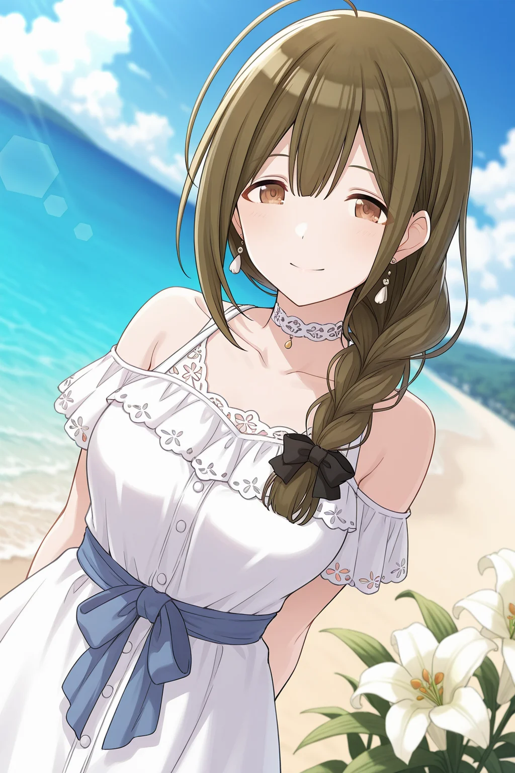 <lora:Kuwayama_Chiyuki:1>, Kuwayama Chiyuki, brown hair, brown eyes, ahoge, long hair, braid, single braid, hair over shoulder, 1girl, solo, dress, outdoors, white dress, looking at viewer, dutch angle, choker, flower, ocean, smile, sky, jewelry, beach, earrings, day, water, cloud, bare shoulders, blue sky, collarbone, lens flare, standing, blurry background, depth of field, lily \(flower\)
