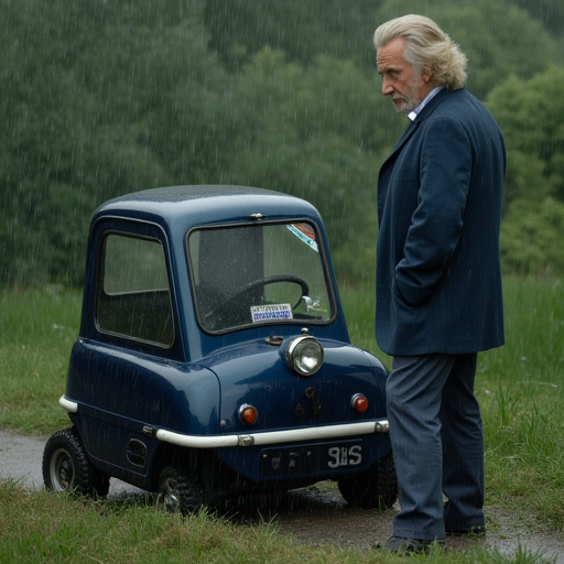 blonde hair, suit, tiny car, rain, solo, old man, shadow, police, denim, grass, outdoors, hood