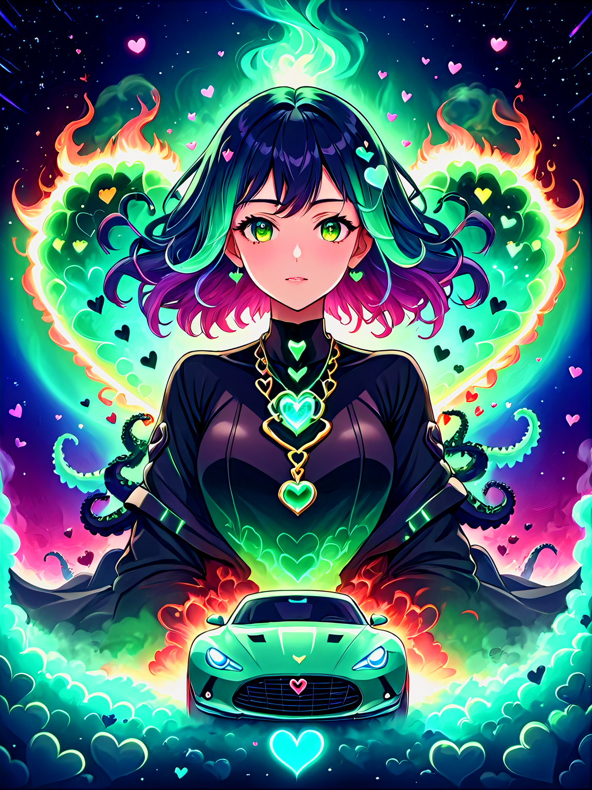 yamer_passione, heart, Futuristic utopia, Adventure, Aether, Kraken, Car, Nebula, Verdant, Canvas, Spontaneous Human Combustion, Voyage, Lovely, solo, jewelry, necklace, upper body, gradient background, gradient, (cartoon style, anime style), <lora:Passione:1>