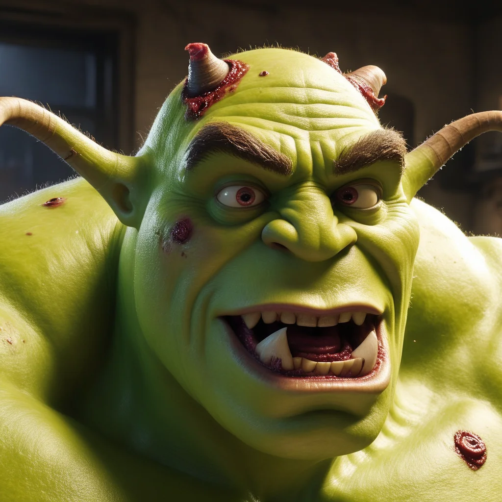 raw photo,cinematic shot,photorealistic,solo,portrait of a hiodeously mutated fleshmutant live action shrek covered in eyes and fleshy tumors,body horror,<lora:FleshmutantXLV4:0.7>,