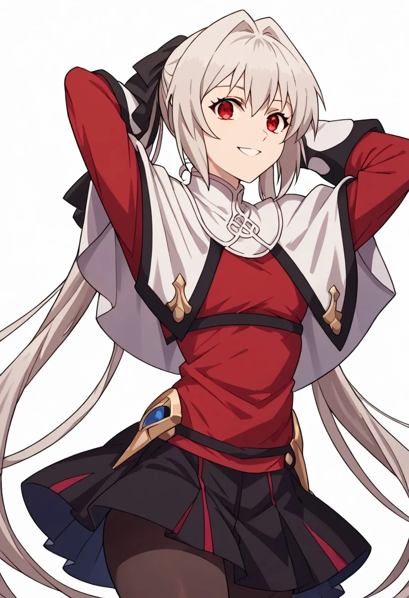 score_9, score_8_up, score_7_up, source_anime, <lora:lynneburg-clays-s1-ponyxl-lora-nochekaiser:1>, lynneburg clays,
long hair, red eyes, twintails, grey hair, hair intakes, hair ribbon, pantyhose, capelet, white capelet, dress, red dress, long sleeves, skirt, black skirt, pleated skirt,
white background,
looking at viewer, hands behind head, smile, solo, cowboy shot, dutch angle