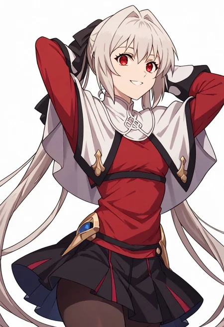 score_9, score_8_up, score_7_up, source_anime, <lora:lynneburg-clays-s1-ponyxl-lora-nochekaiser:1>, lynneburg clays,
long hair, red eyes, twintails, grey hair, hair intakes, hair ribbon, pantyhose, capelet, white capelet, dress, red dress, long sleeves, skirt, black skirt, pleated skirt,
white background,
looking at viewer, hands behind head, smile, solo, cowboy shot, dutch angle