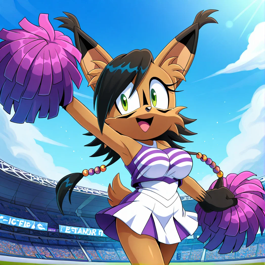 <lora:nicole_lynx_illustrious-000010:1>, (masterpiece), (best quality), (ultra-detailed), amazing quality, very aesthetic, illustration, perfect composition, intricate details, absurdres, incredibly absurdres, nicole the lynx, black hair, green eyes,, cheering outside stadium, wearing cheerleader uniform, large breasts ,sonic the hedgehog \(series\), furry, furry female, animal ears, animal nose, animal ear fluff, solo, body fur, brown fur, facial markings, green eyes