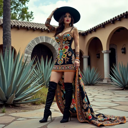 surrealist art analog film photo A fashionable buchona-style woman standing beside a grand Mexican hacienda, wearing a dramatic embroidered dress, cowgirl boots, and a wide-brimmed sombrero, surrounded by agave plants and stone walls. Captured with a Pentax 67 medium format camera, deep tones, sharp detail, soft vignetting. A blend of traditional ranch vibes with high-end urban fashion â glamorous yet rooted in cultural pride. <lora:buchonas v1:0.9> buch0nas . faded film, desaturated, 35mm photo, grainy, vignette, vintage, Kodachrome, Lomography, stained, highly detailed, found footage, RAW candid cinema, 16mm, color graded portra 400 film, remarkable color, ultra realistic, textured skin, remarkable detailed pupils, realistic dull skin noise, visible skin detail, skin fuzz, dry skin, shot with cinematic camera . dreamlike, mysterious, provocative, symbolic, intricate, detailed