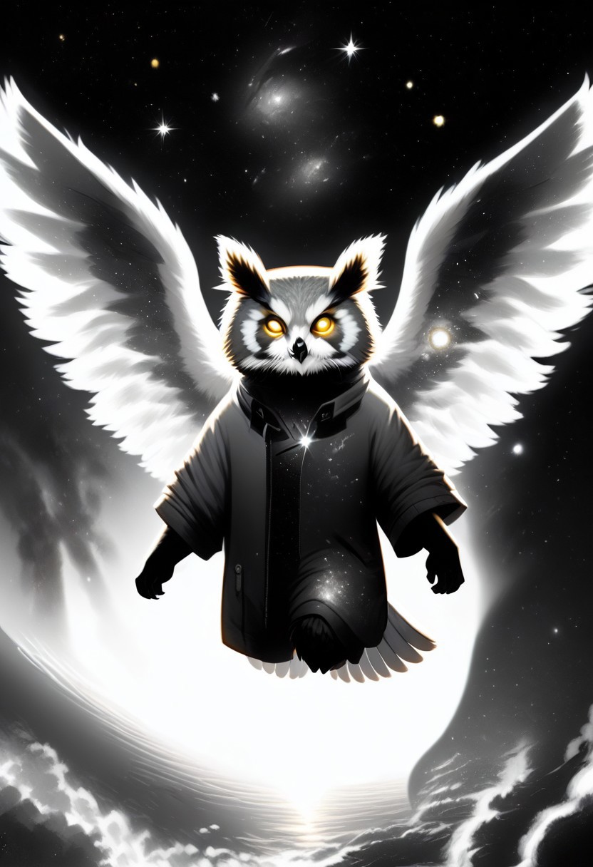 Score_9, Score_8_up, Score_7_up, lora:Navi_Celestial_Skin_PonyXL:1.1 nv-celestialskin, redpandafolk, rabbitfolk, owlfolk, foxfolk, sketch, monochrome, greyscale, YR_GradLight, 0u73r5p4c3, space, planet, nebula, galaxy, asteroid, GalaxyTelepurteSDXL, StarrySkies, scenery, stars (sky), background, night sky, vibrant colored skin, void cosmic body, deep black skin, ethereal silhouette, nebula patterns, animal theme focus, majestic owl