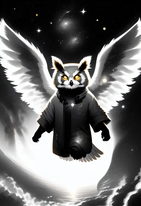 Score_9, Score_8_up, Score_7_up, lora:Navi_Celestial_Skin_PonyXL:1.1 nv-celestialskin, redpandafolk, rabbitfolk, owlfolk, foxfolk, sketch, monochrome, greyscale, YR_GradLight, 0u73r5p4c3, space, planet, nebula, galaxy, asteroid, GalaxyTelepurteSDXL, StarrySkies, scenery, stars (sky), background, night sky, vibrant colored skin, void cosmic body, deep black skin, ethereal silhouette, nebula patterns, animal theme focus, majestic owl