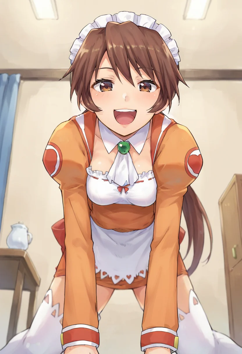 score_9,score_8_up,score_7_up,anime coloring BREAK source_anime,anime,<lora:Paffel_Hazel_summon_night:0.8>,paffel,1girl,solo,brown hair,brown eyes,long hair,ponytail,maid headdress,shirt,orange shirt,orange skirt,waitress,thighhighs,white thighhighs,kind smile,laughing,all fours,leaning forward,arm support,indoors,bedroom,(from below:1.3),
