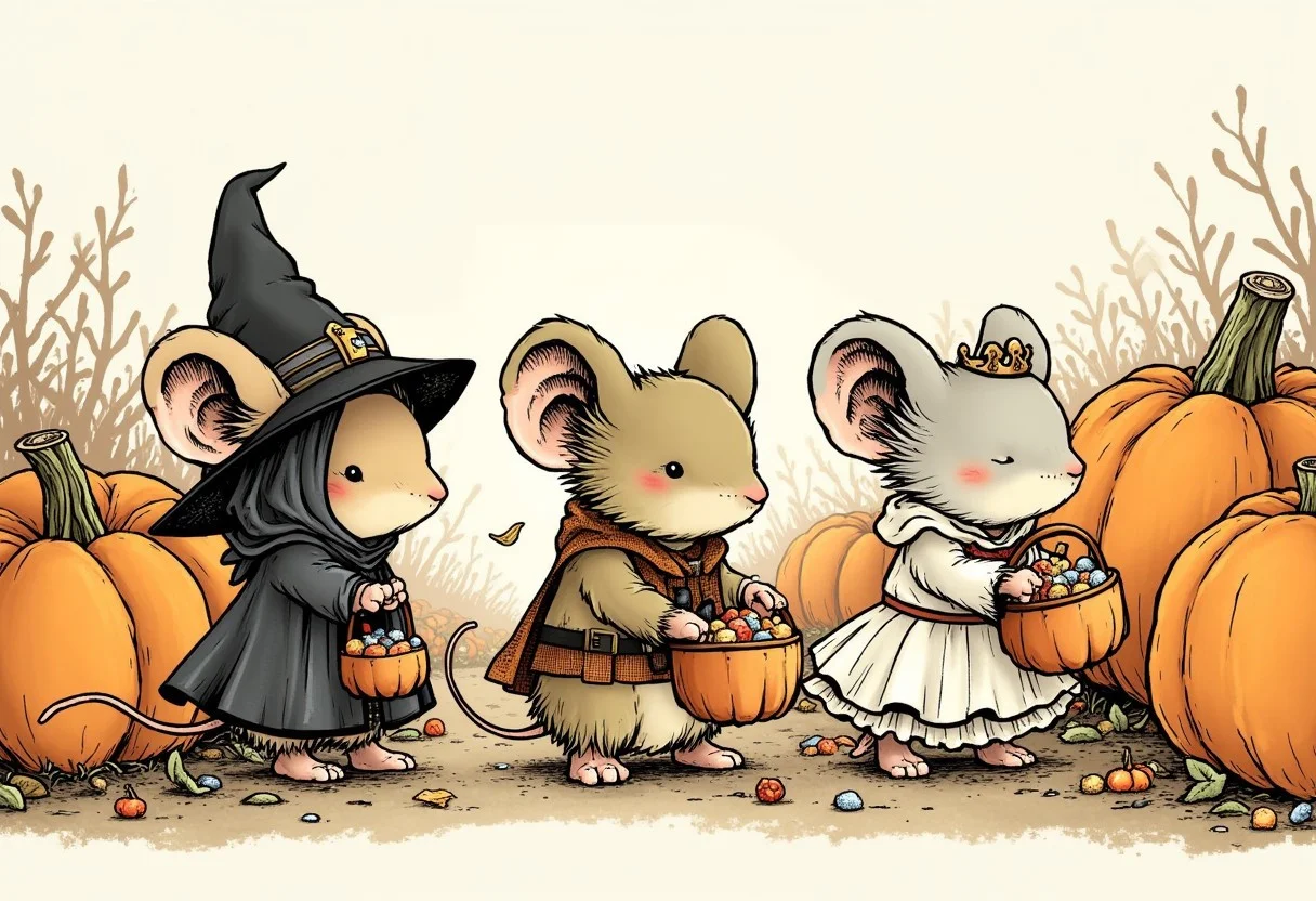 Hand drawn illustration of a group of young mouseguard mice going trick or treating, one is dressed as a witch, one is dressed as a cowboy, one is dressed as a princess, each one is holding a tiny bucket of candy, lightly sketched background of a pumpkin patch with giant pumpkins