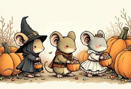 Hand drawn illustration of a group of young mouseguard mice going trick or treating, one is dressed as a witch, one is dressed as a cowboy, one is dressed as a princess, each one is holding a tiny bucket of candy, lightly  sketched background of a pumpkin patch with giant pumpkins