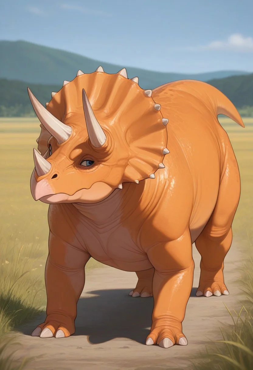 best quality, masterpiece, amazing quality, very aesthetic, absurdres, 
full body, 
1boy, 
no humans, solo, 
triceratops, 
feral, 
colored skin, orange skin, countershading, white belly, 
looking to the side, 
outdoors, field
