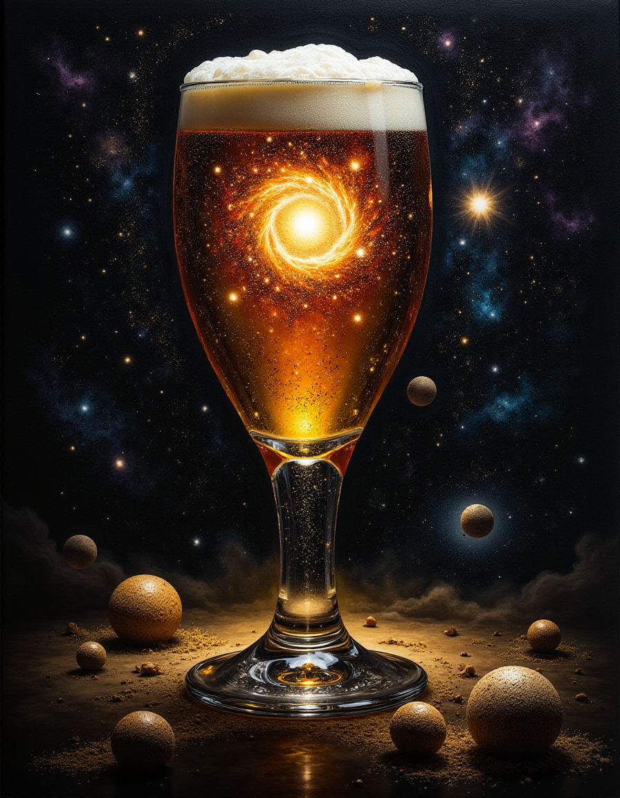 a painting of a star cluster in the sky with a lot of stars in the center of the image, Anato Finnstark, cosmic horror, an airbrush painting, space art, cosmic clouds, galaxies, black holes, stars, the star cluster and cosmic clouds form a beer glass with this inside: Lambic: Pale yellow to deep golden. Clarity is hazy to good. White colored head generally has poor retention, Tulip glass, Snifter glass, or Pilsner glass. , that looks into the image, highly detailed, DSLR, raw, Panasonic Lumix GH4, f1.2, 50mm, cinematic lighting  <lora:fluxenhancer:1>, black, white, red color-scheme,