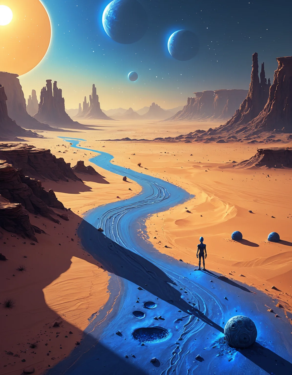 A digital painting of a vast alien desert with blue sand and two suns. A lone figure stands in the distance. Concept art scale.