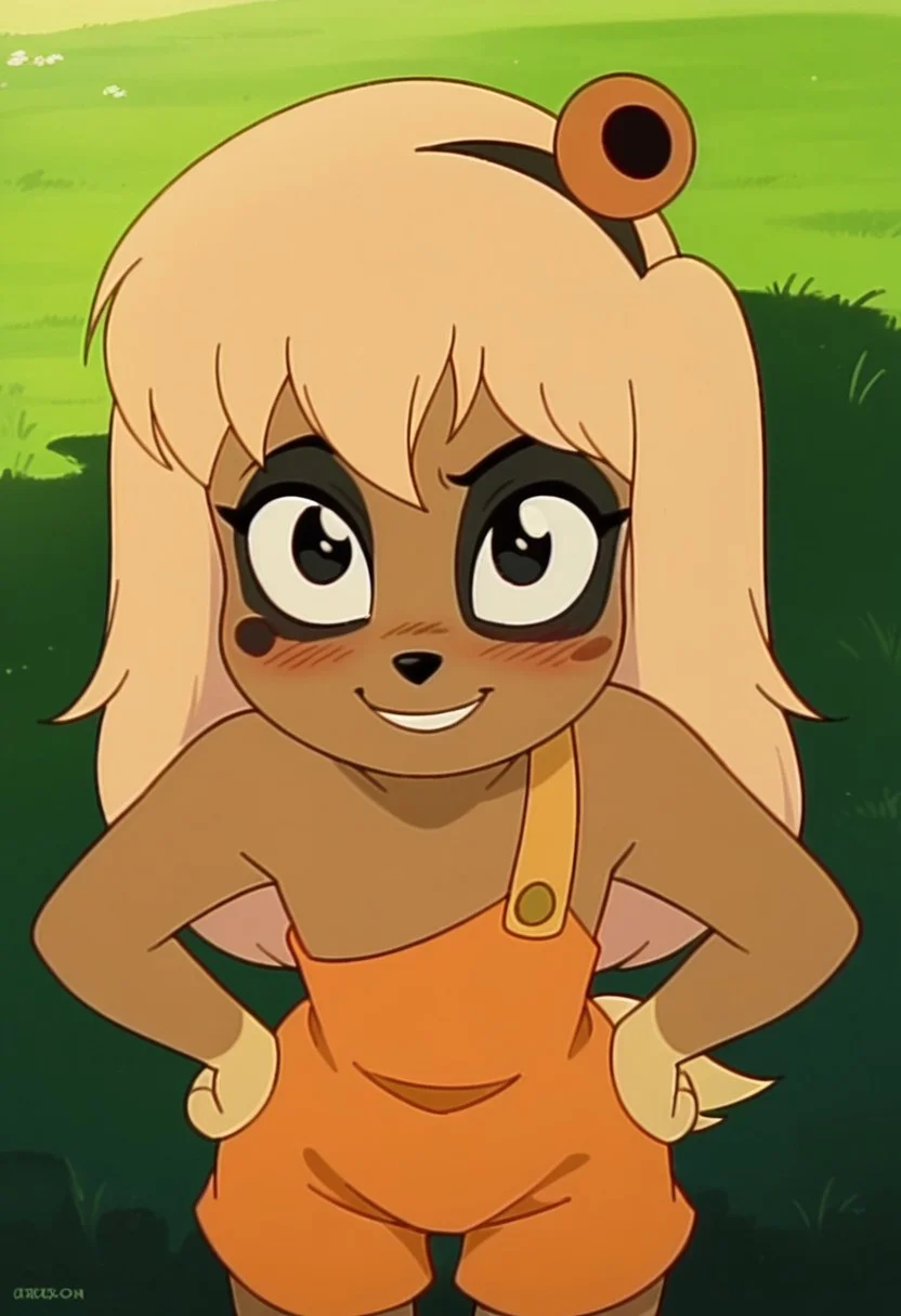 <lora:LilottePony1.1:1> lilotte, solo, 1girl, furry female, long hair, dog ears, black eyes, dog tail, orange overalls, blonde hair, outdoors, dog girl, friendly smile, blush, Expressiveh, , looking at viewer,standing, flirty smile, (((contrapposto))), dramatic hipsway, torso view, facing viewer((pov)), pointing at viewer with left hand, right hand on hip, dramatic hipsway, torso view, facing viewer, leaning slightly forward, super playfull,cowboy shot,, score_9, score_8_up, score_7_up, score_6_up, score_5_up, score_4_up
<lora:90s_Retro_anime_style_Pony:1> retro anime style, golden boy anime style, dramatic lighting, afternoon lighting,