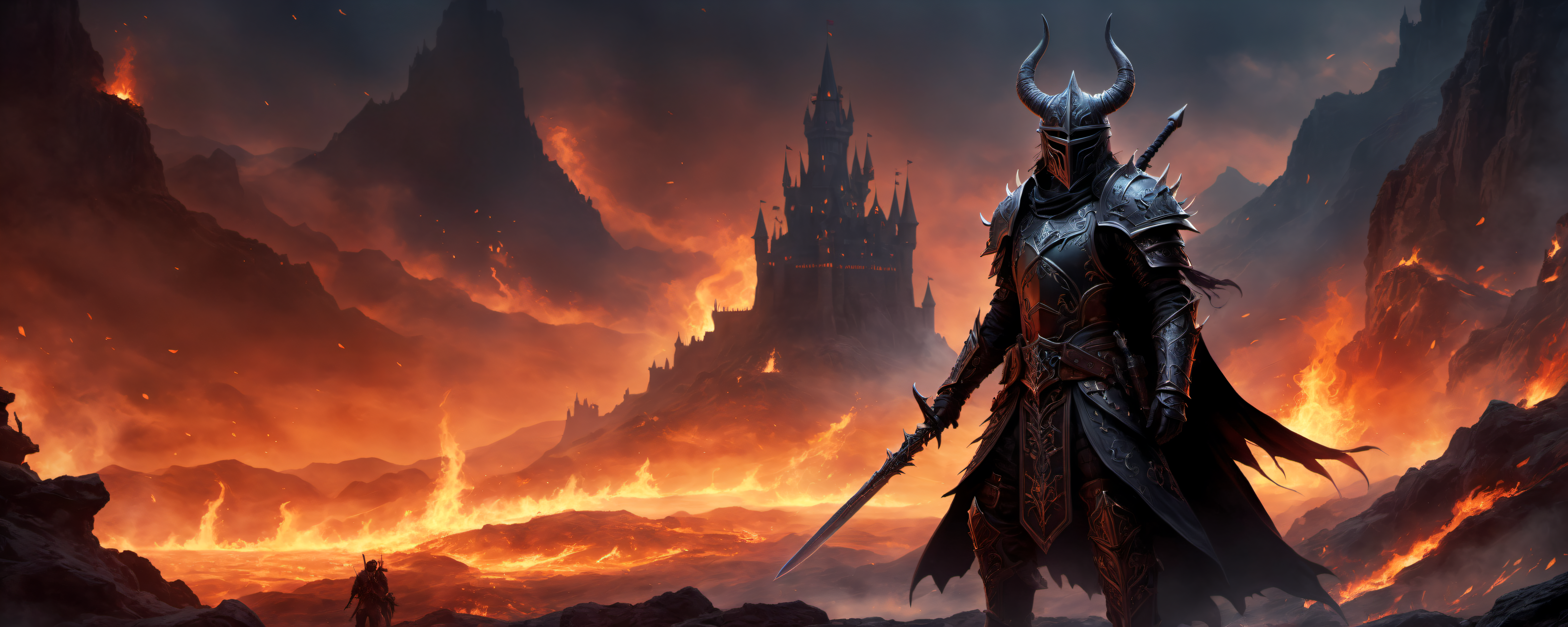 ethereal fantasy concept art of  cinematic fantasy warrior, 3/4 body, cowboy shot, wearing intricately detailed black fantasy armor, horns, spikes, molten magma details, holding detailed Sword in hand, journeying through a vast desolate landscapes, fierce battle on the horizon, (skulls, bones:1.3), (impaled soldiers staked:2), skeletons, the silhouette of a mystic evil medieval Castle, overshadowed by a dark presence, fire burning, smoke filled sky, extreme details, volumetric lighting, cinematic scene, evening, evil presence, shrouded in dark mystery, full focus, 16k, UHD, HDR,  <lora:3d_render_style_xl:0.3> <lora:add-detail-xl:0.4> <lora:wowifierXL:0.8> <lora:XLKnightV1:1> <lora:fx-monsters-xl-pgy:0.3> . magnificent, celestial, ethereal, painterly, epic, majestic, magical, fantasy art, cover art, dreamy