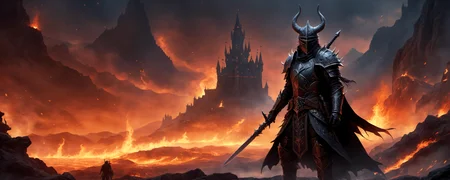 ethereal fantasy concept art of  cinematic fantasy warrior, 3/4 body, cowboy shot, wearing intricately detailed black fantasy armor, horns, spikes, molten magma details, holding detailed Sword in hand, journeying through a vast desolate landscapes, fierce battle on the horizon, (skulls, bones:1.3), (impaled soldiers staked:2), skeletons, the silhouette of a mystic evil medieval Castle, overshadowed by a dark presence, fire burning, smoke filled sky, extreme details, volumetric lighting, cinematic scene, evening, evil presence, shrouded in dark mystery, full focus, 16k, UHD, HDR,  <lora:3d_render_style_xl:0.3> <lora:add-detail-xl:0.4> <lora:wowifierXL:0.8> <lora:XLKnightV1:1> <lora:fx-monsters-xl-pgy:0.3> . magnificent, celestial, ethereal, painterly, epic, majestic, magical, fantasy art, cover art, dreamy