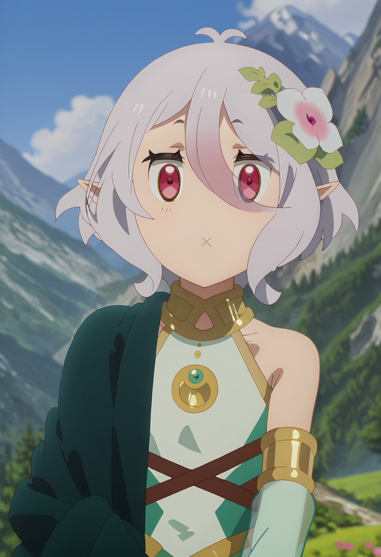score_7_up, anime screencap, close-up,
<lora:PrincessConnect_KokkoroXL:0.9>,
1girl, solo, constricted pupils, wide-eyed, tight lipped, jitome, parody, meme,
short hair, white hair, antenna hair, magenta eyes, pointy ears, hair flower,
KokkoroPC, sleeveless dress, armlet, gold trim, asymmetrical clothes, green cape, strap,
standing, looking at viewer, own hands together,
blurry background, mountains, scenery, <lora:Concept_KokkoroXFace_XL:1>