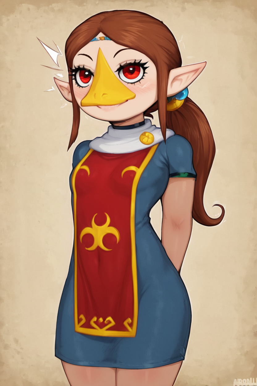 score_9, score_8_up, score_8, medium breasts, (curvy), cute, eyelashes,       BREAK, ,  <lora:MedliZelda_PDXL_v2:0.8>,  zzMedli, solo, 1girl, brown hair, beak, pointy ears, bird, long hair, long hair, red eyes, ponytail, blue dress, red tabard,, BREAK, <lora:Afrobull_PDXL_v4:0.8>,  BREAK, smile, looking at viewer, closed mouth, cowboy shot,  embedding:zPDXL, Expressiveh,  <lora:SDXLFaeTastic2400:0.5>,  <lora:Expressive_H-000001:0.4>,
