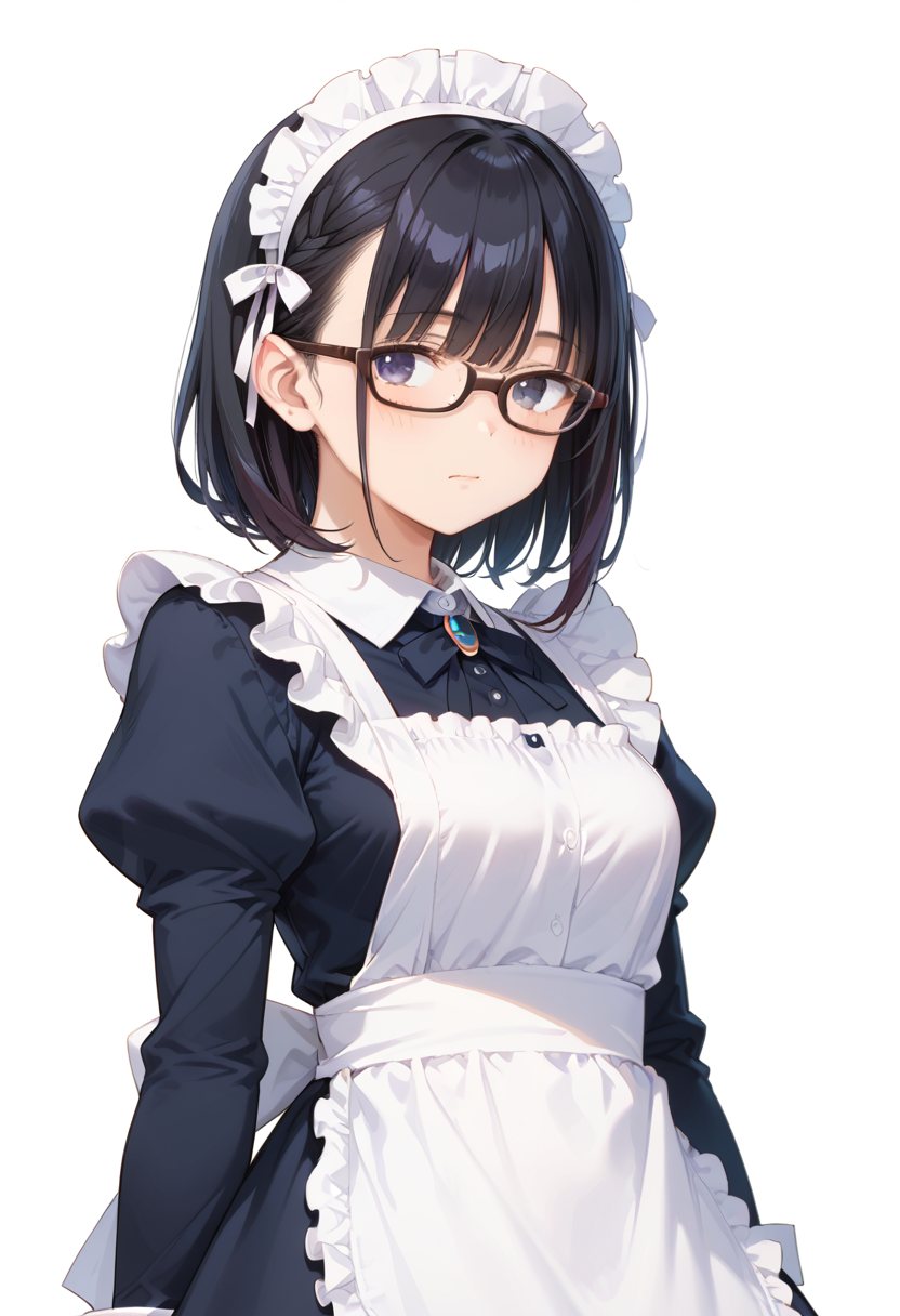 score_9, score_8_up, score_7_up, rating_safe, masterpiece, best quality, absurdres, unity 8k wallpaper, official art, official style, source_anime, uncensored, game cg, megami magazine,
1girl, solo, black hair, medium hair, upper body, covered eyes,maid, maid headdress, black dress, maid apron, face focus,
underrim_cell, glasses, still life, white background, simple background, under-rim eyewear, brown-framed eyewear, 
 <lora:glasses_underRimCell_PONY_V1:1>