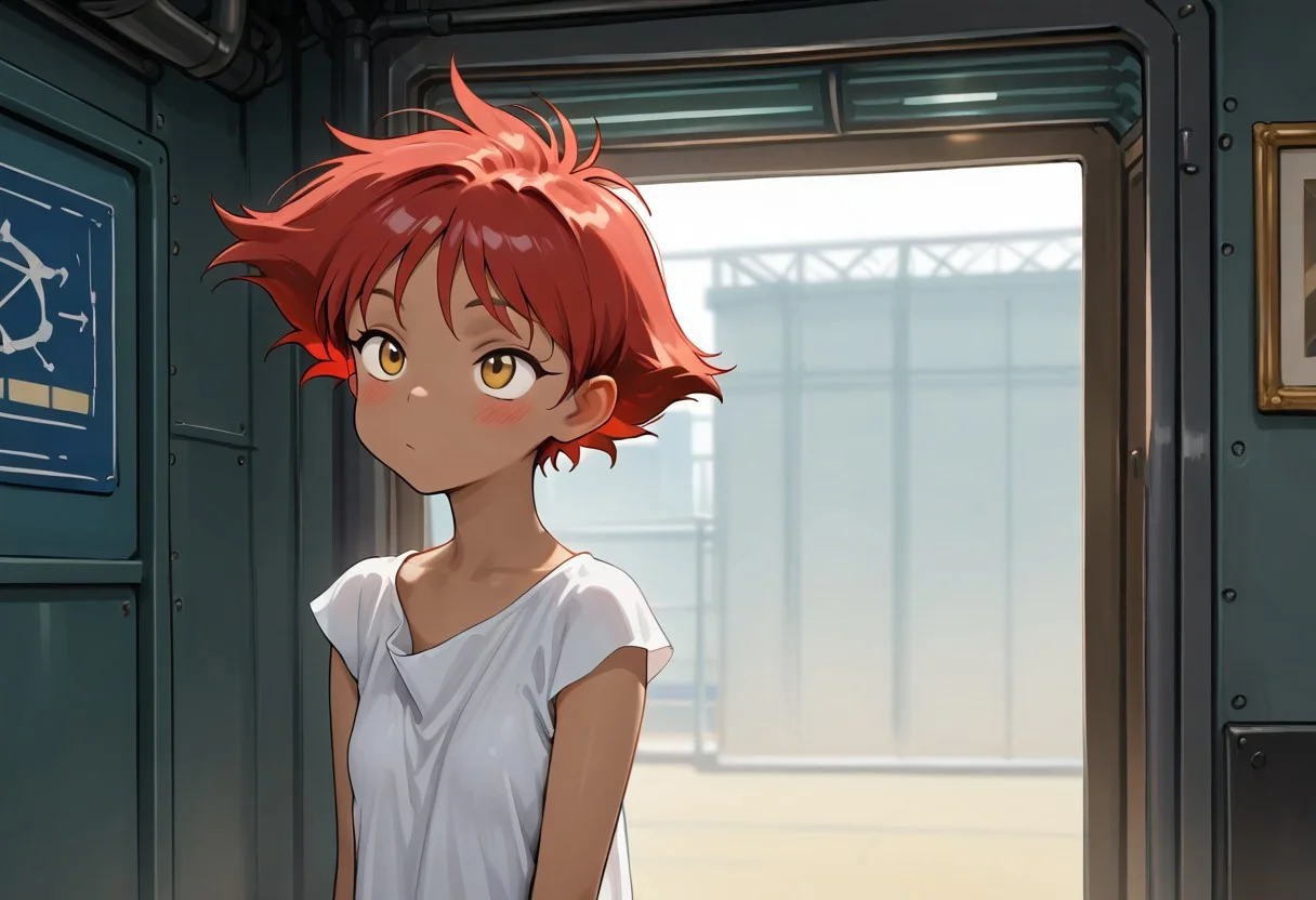 masterpiece, 1440p, 8k, UHD, amazing quality, high resolution, Radical_Ed, edward wong hau pepelu tivrusky iv, cowboy bebop, solo, 1girl, red hair, short hair, wearing dress,