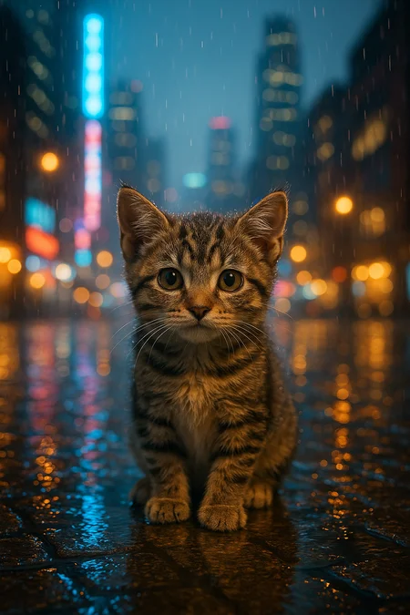 Ultra-detailed, young tabby kitten sitting on rain-soaked cobblestone pavement in the heart of a neon-lit city at night. The kitten’s damp fur glistens with raindrops, its large inquisitive eyes reflecting the warm glow of streetlights and cool neon signs. In the soft-focus background, towering skyscrapers and colorful signs blur into bokeh, while falling rain creates dynamic streaks of light and sharp reflections on the wet ground. Shot as if with an 85 mm lens at f/1.8 for shallow depth of field, emphasizing the kitten in crisp detail against an atmospheric urban backdrop. 8K resolution, masterpiece.