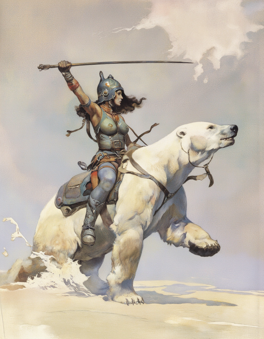 Art by Frank Frazetta. 
A painting of a woman warrior riding a polar bear.