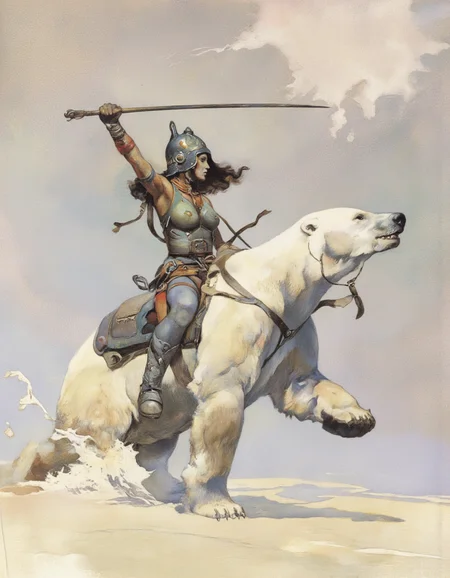 Art by Frank Frazetta.
A painting of a woman warrior riding a polar bear.