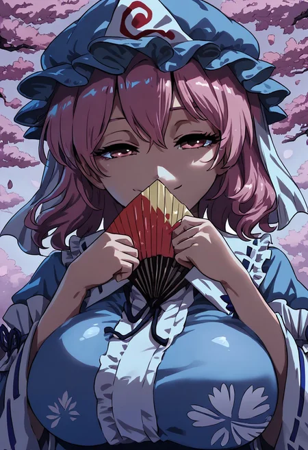 score 9, score 8 up, score 7 up, rating PG, 
detailed background, cherry tree background, smiling, 
 <lora:yuyuko.pony:1>, night background
yuyuko, 
large breasts, shiny skin, 
paper fan, covering mouth, half-closed eyes,