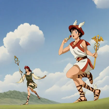 h_mercury,talaria,holding, staff, sandals, runnning, background stunning sky with clouds<lora:Mercury:0.8> <lora:Mezzotint_Artstyle_for_Flux_-_by_Ethanar:0.5> <lora:perfection style v2d:0.7> <lora:CPA:0.7>anime style