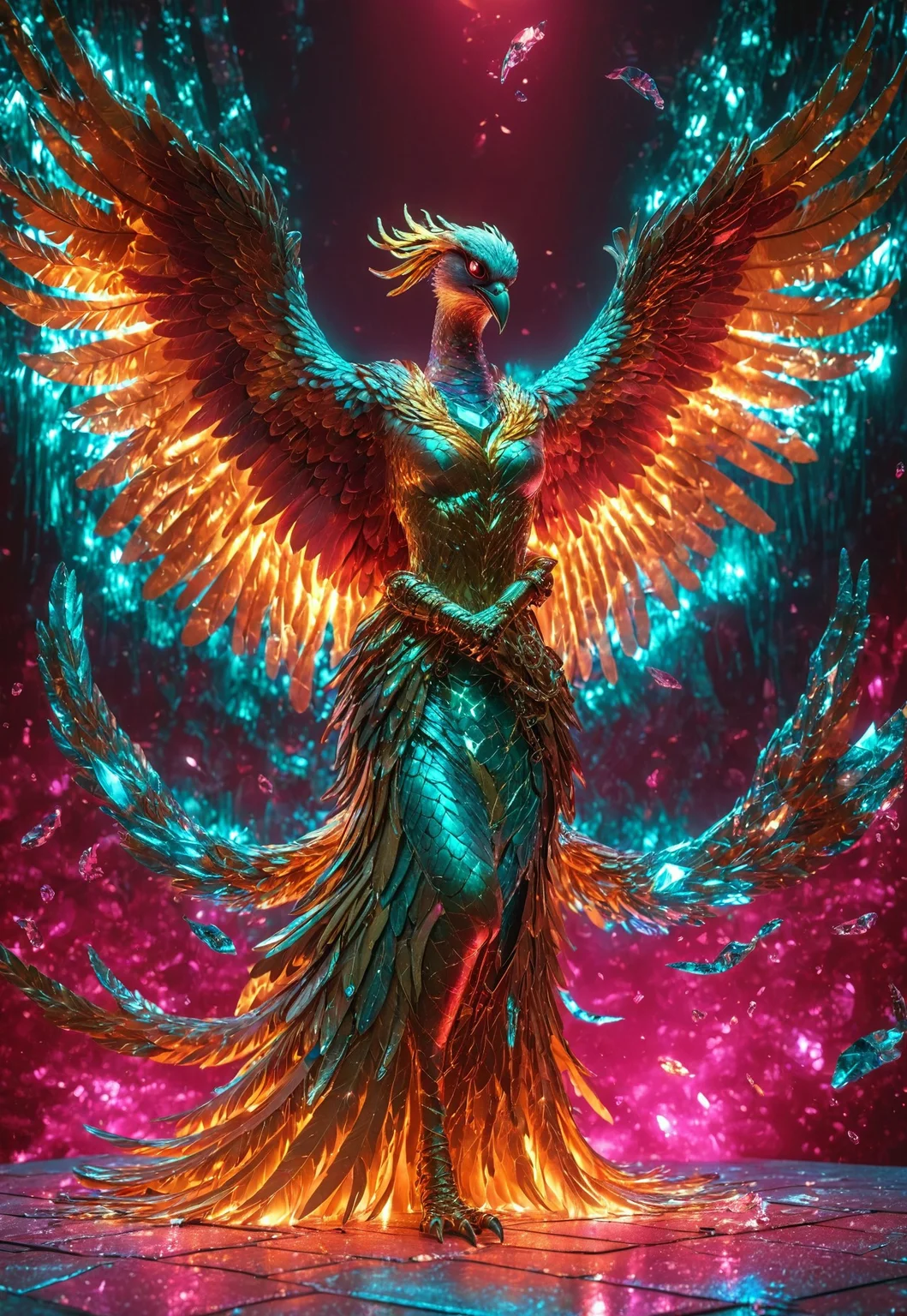 A female shapeshifter, turnging into a phoenix, a mythological bird, Grunge, Hyperrealism, Overhead Lighting, RGB Lighting, Sony A7R IV, Ultra Wide Angle Lens, Silver Color, Ruby Color, Teal Color, Gold, Liquid Crystal, Optical Fiber, Fantasy, Quasar Quilt Backdrop, Prism Effect, 8k, By Roy Lichtenstein, midjourneyv6.1, LegendDarkFantasy
