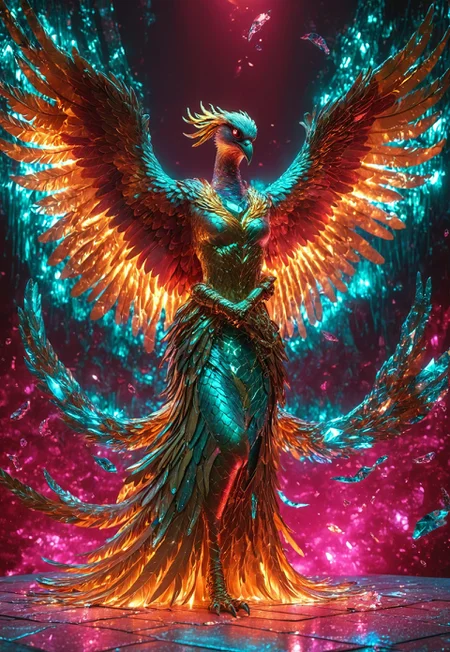A female shapeshifter, turnging into a phoenix, a mythological bird, Grunge, Hyperrealism, Overhead Lighting, RGB Lighting, Sony A7R IV, Ultra Wide Angle Lens, Silver Color, Ruby Color, Teal Color, Gold, Liquid Crystal, Optical Fiber, Fantasy, Quasar Quilt Backdrop, Prism Effect, 8k, By Roy Lichtenstein, midjourneyv6.1, LegendDarkFantasy