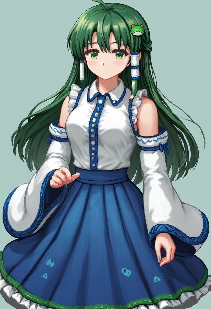 score_4,score_5,score_6,score_7_up,score_8_up,score_9
((masterpiece,best quality,ultra detailed,highres,HD,4k:1.2)),
1 cute girl,solo,
kochiya sanae, 1girl, green hair, long hair, green eyes,
frog hair ornament, hair tubes, snake hair ornament, collared shirt, white shirt, detached sleeves, wide sleeves, blue skirt, frilled skirt,