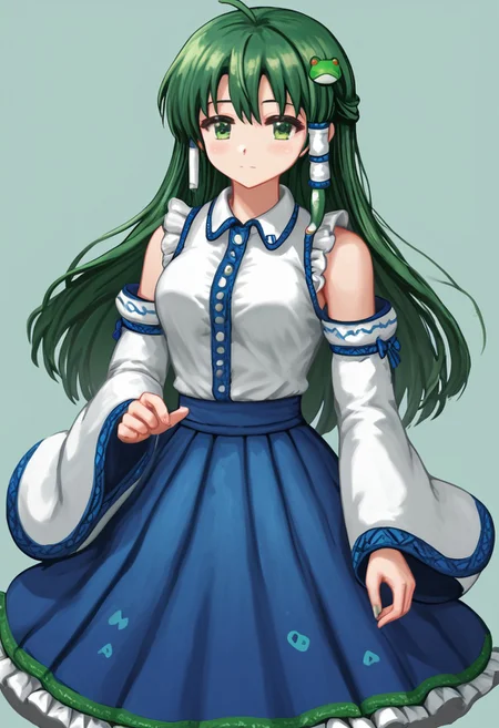 score_4,score_5,score_6,score_7_up,score_8_up,score_9
((masterpiece,best quality,ultra detailed,highres,HD,4k:1.2)),
1 cute girl,solo,
kochiya sanae, 1girl, green hair, long hair, green eyes,
frog hair ornament, hair tubes, snake hair ornament, collared shirt, white shirt, detached sleeves, wide sleeves, blue skirt, frilled skirt,
