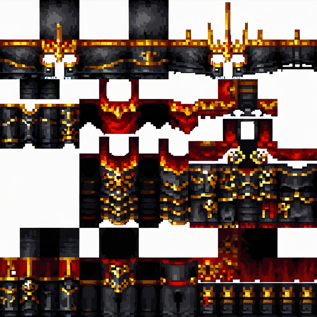 <lora:MinecraftArmor_Pony_pixeled:1> MinecraftArmor, no_human, armor texture layer, white background, texture map, armor with red and black dragon scales and horns