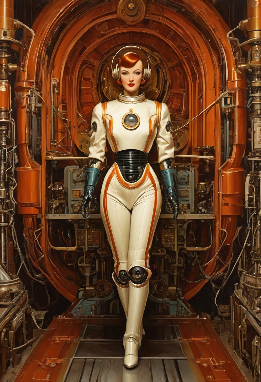 High-angle shot full length oil painting, etching, robot girl retro science fiction pinup girl, wearing a spacesuit , narrow waist, narrow hips, surreal perspective, unusual architecture, robot skin, vintage rocket background, short curly tousled hair, lipstick, eye liner, great legs, hyperdetailed, fine line details, antique art fantasy, viewed from above, hands up together for shrine praying, praying, pray,