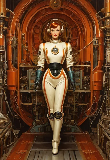 High-angle shot full length oil painting, etching, robot girl retro science fiction pinup girl, wearing a spacesuit , narrow waist, narrow hips, surreal perspective, unusual architecture, robot skin, vintage rocket background, short curly tousled hair, lipstick, eye liner, great legs, hyperdetailed, fine line details, antique art fantasy, viewed from above, hands up together for shrine praying, praying, pray,