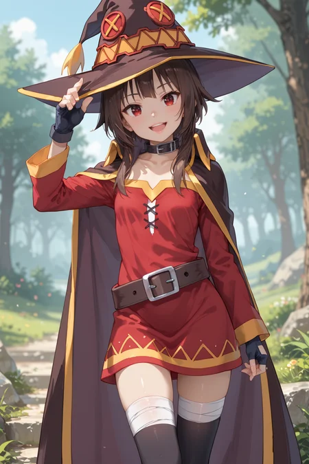 score_9, score_8_up, score_7_up, high detailed, best quality, extremely detailed, high detailed, (atmospheric perspective), blurry background, uncensored
1girl, solo, brown hair, red eyes, outdoors, small breasts, lips, nature, standing, day, bangs, medium hair, slim, slender,
BREAK
Megumin,hat,witch hat,brown hair,short hair,bangs,short hair with long locks,red eyes,collar,choker,cape,black cape,dress,red dress,long sleeves,gloves,black gloves,fingerless gloves,belt,thighhighs,black thighhighs,bandages,bandaged leg,asymmetrical legwear,boots,
<lora:Fant5yP0ny:0.4> <lora:Megumin_Illustrious:0.5> <lora:lora:0.5>
looking at viewer, smile, dynamic pose, facing at viewer, head tilt, open stance, dutch angle, from below, open mouth